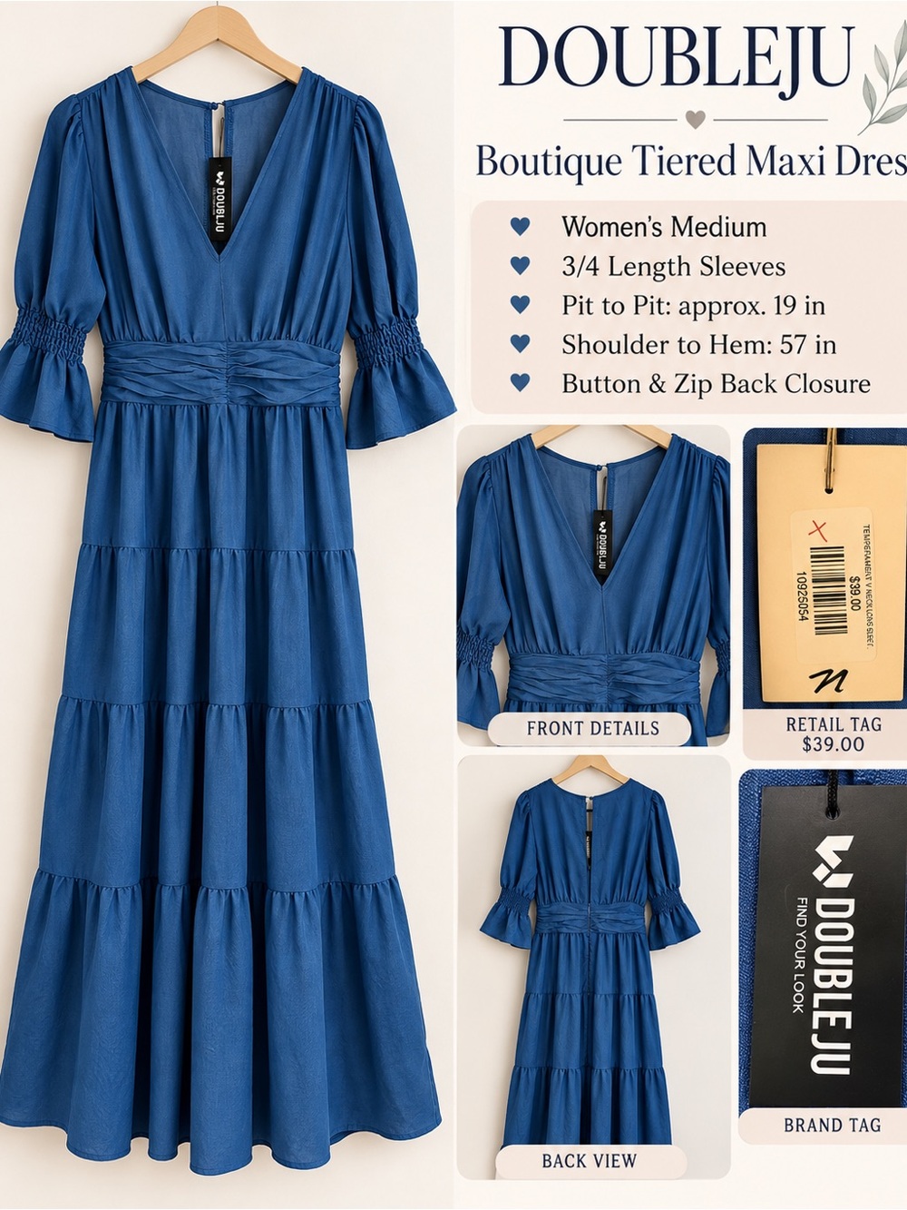 Double JU Boutique Tiered Maxi Dress in Blue New
